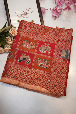 Banarasi silk saree handwork with rich pallu in gujarati design ##SR0119