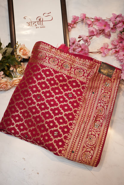 Banarasi silk saree in mandala gharchola pattern with kolkata handwork ##SR0121