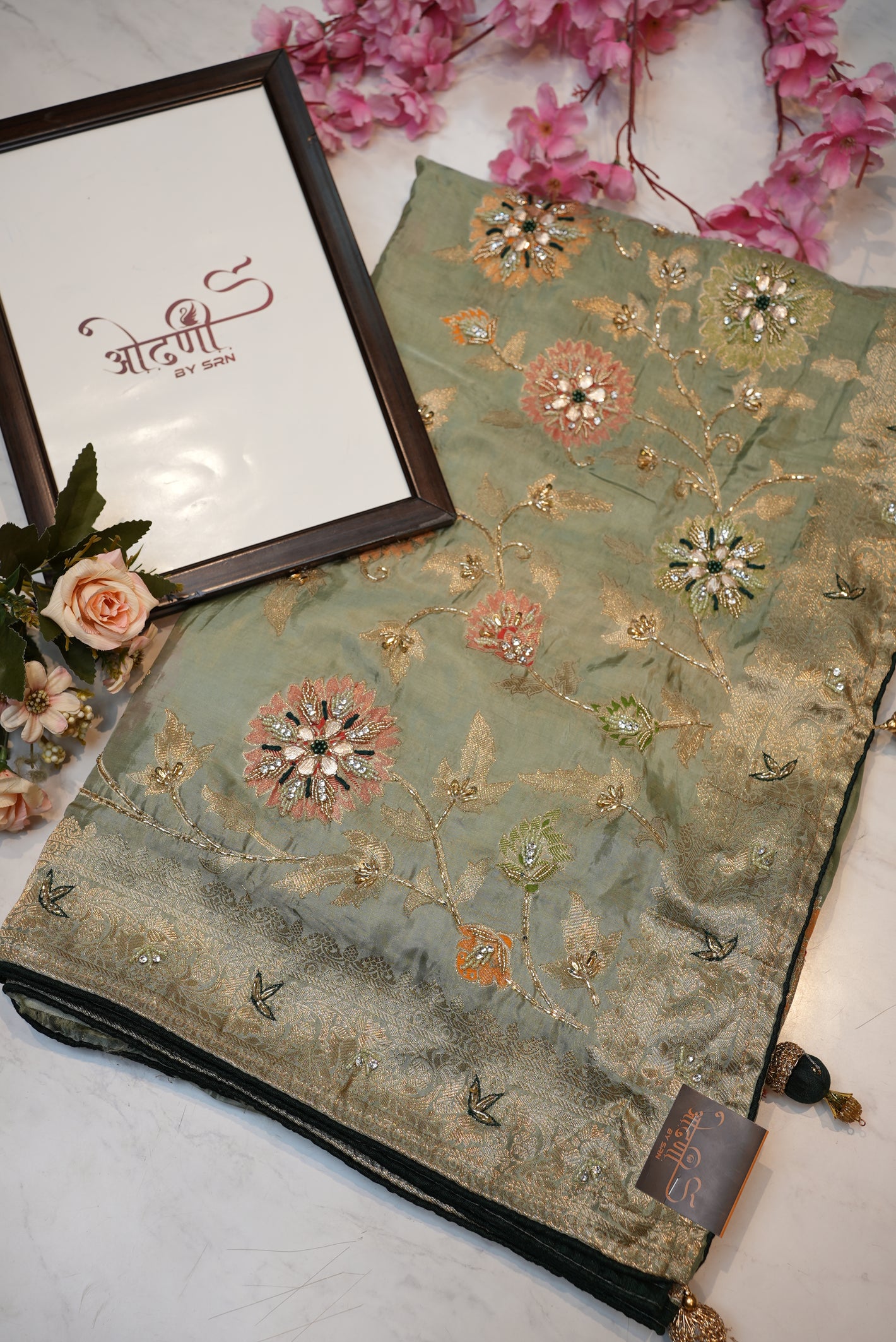 Benglori silk saree with flower pattern & multicolur zari weaving with kolkata handwork ##SR0122