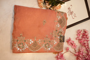 Tissue fabric saree with kolkata handwork and anchor shades with heavy blouse ##SR0124
