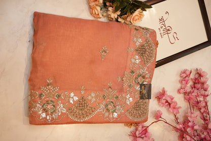 Tissue fabric saree with kolkata handwork and anchor shades with heavy blouse ##SR0124
