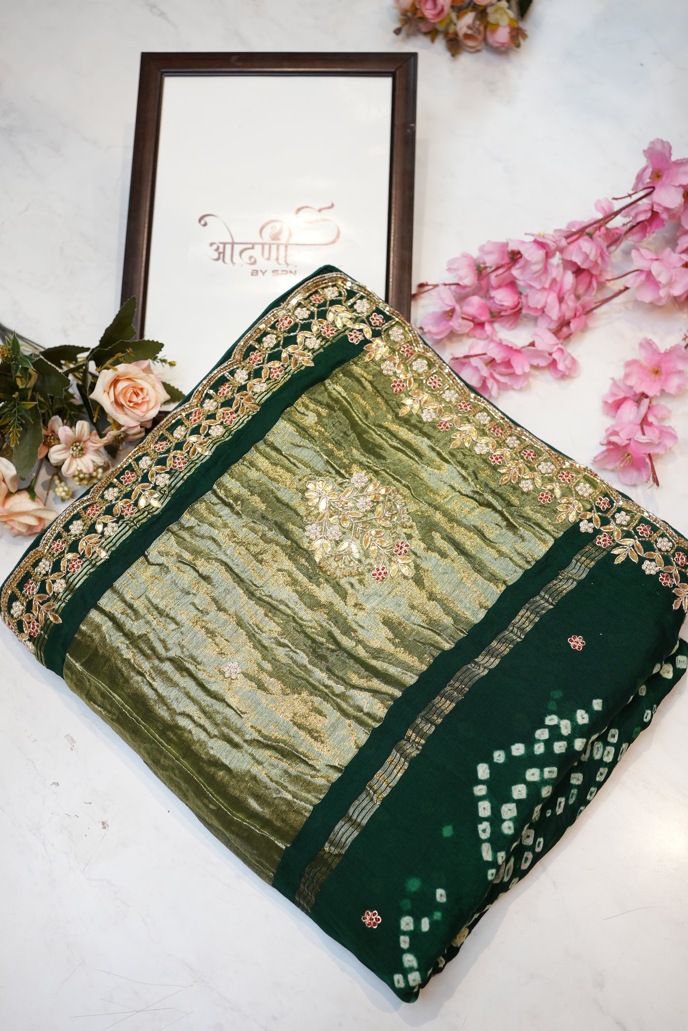 Traditional gazzi silk hand bandhej saree with kolkata handwork ##SR0126