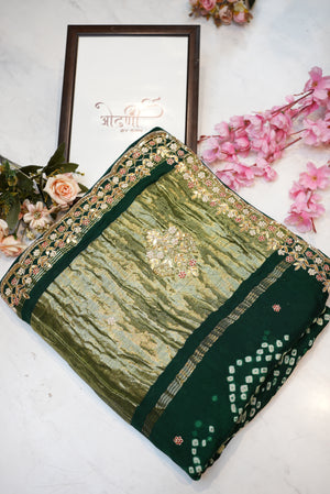 Traditional gazzi silk hand bandhej saree with kolkata handwork ##SR0126