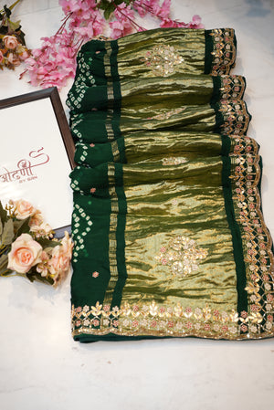 Traditional gazzi silk hand bandhej saree with kolkata handwork ##SR0126