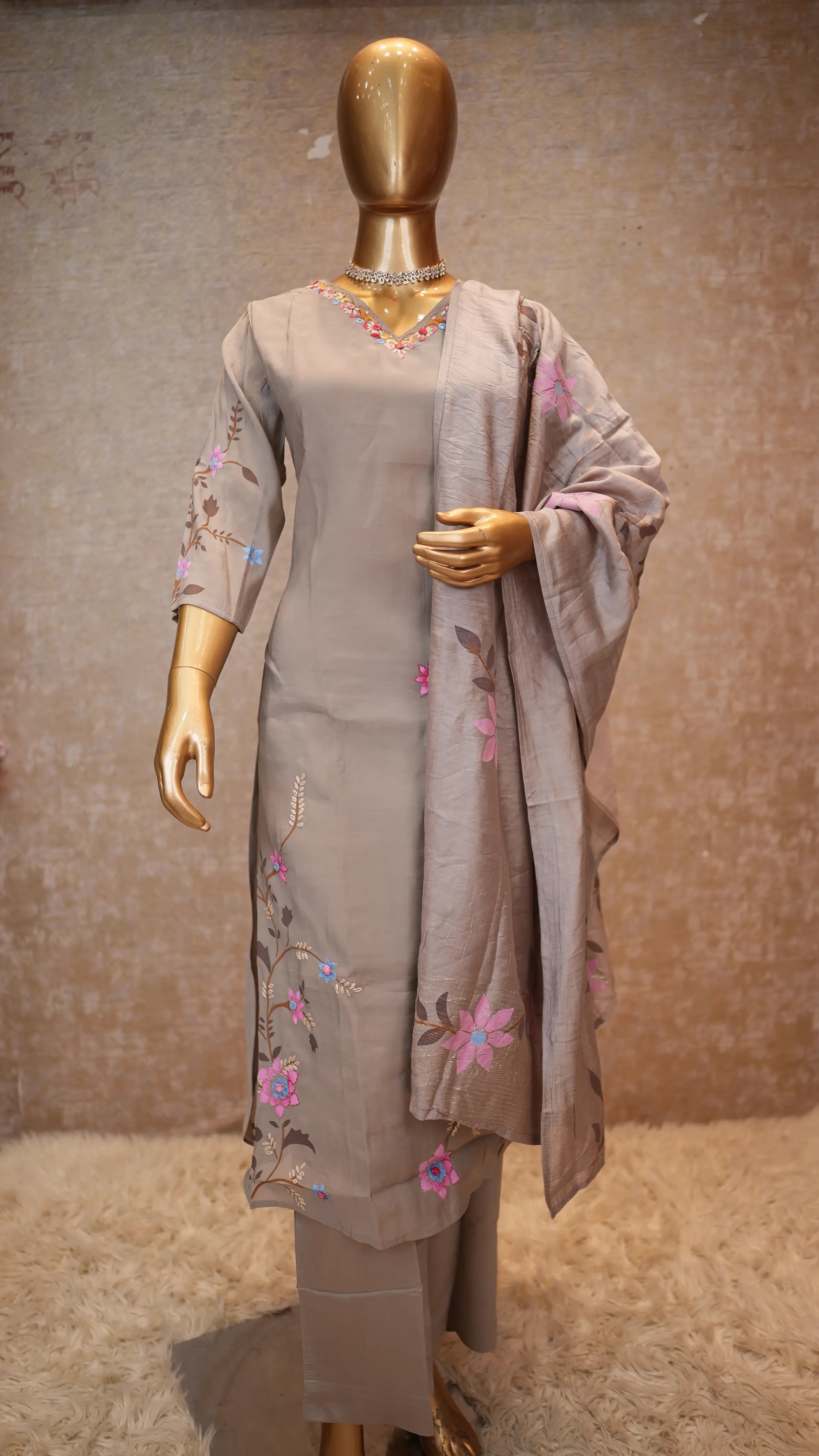 Elegant Grey Floral Embroidered Suit Set with Dupatta