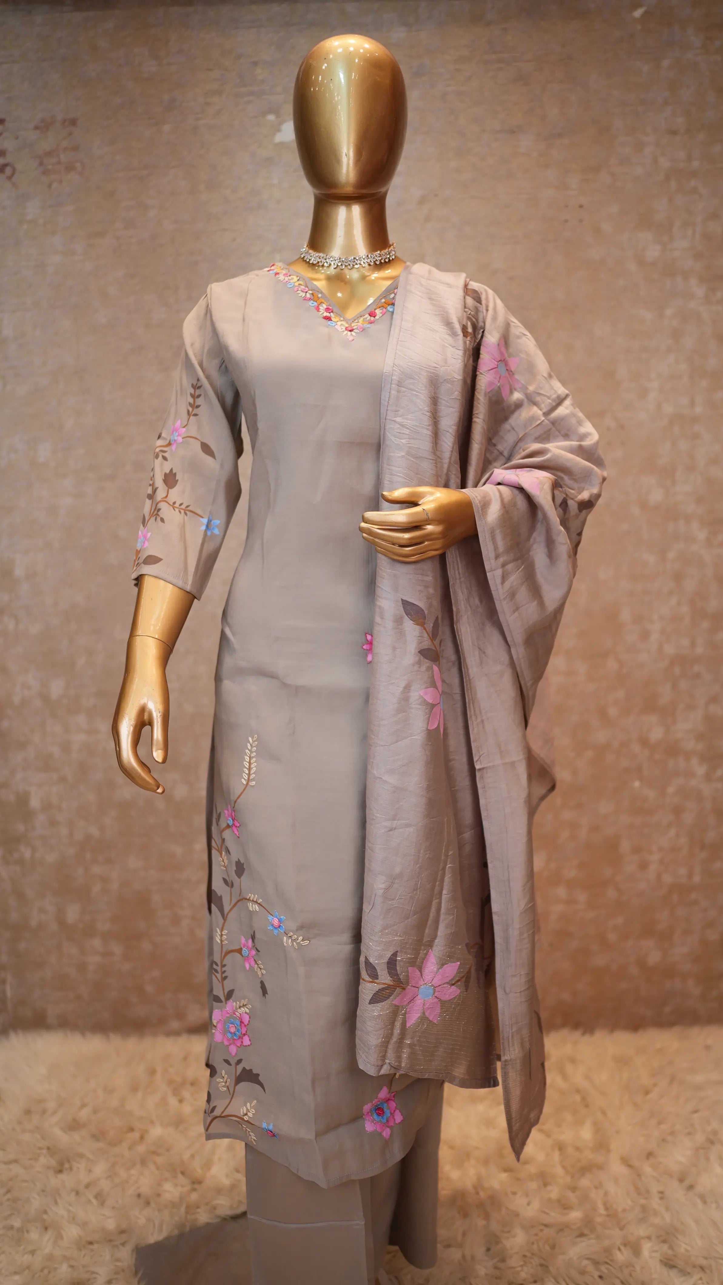 Elegant Grey Floral Embroidered Suit Set with Dupatta