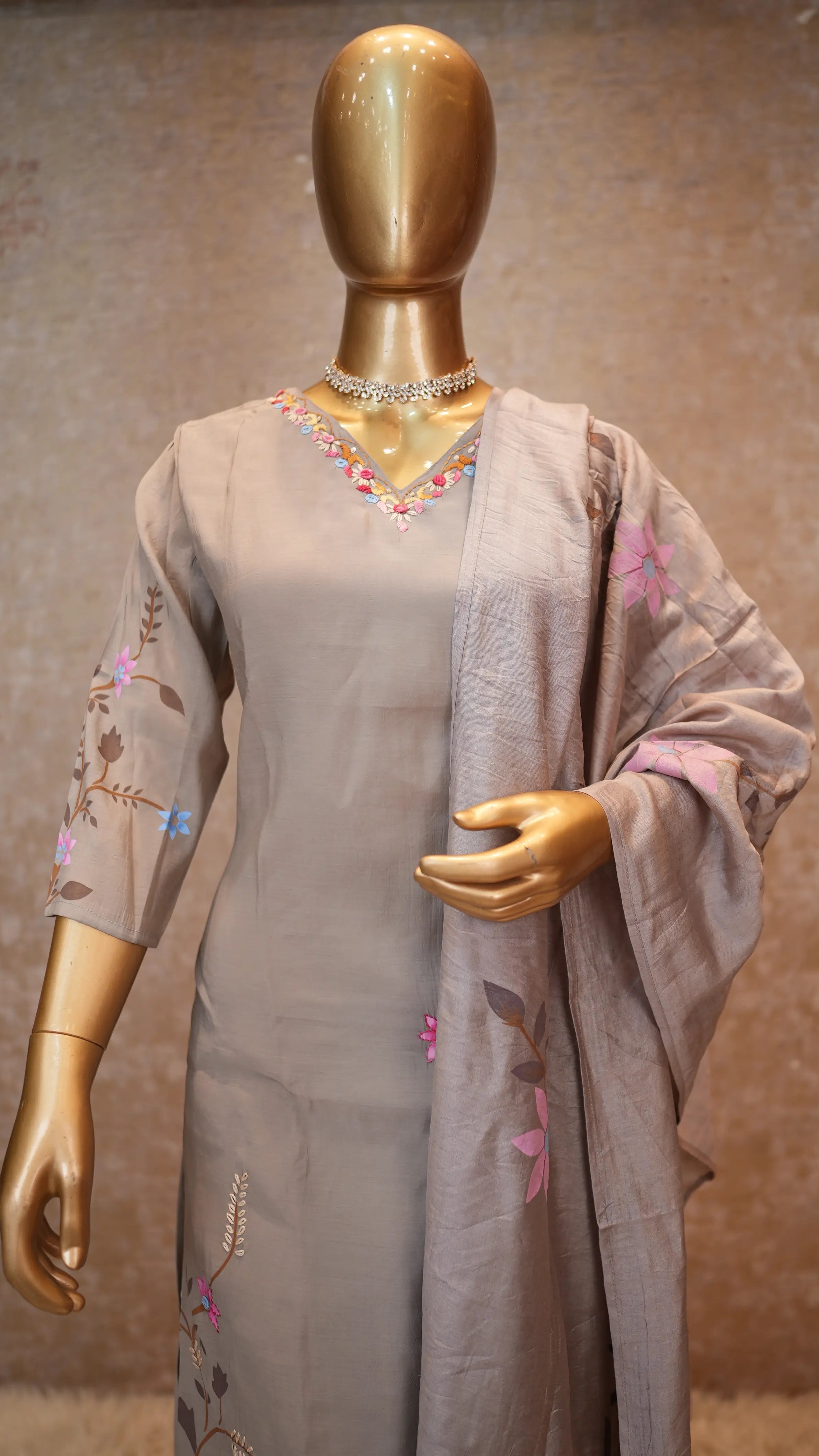 Elegant Grey Floral Embroidered Suit Set with Dupatta