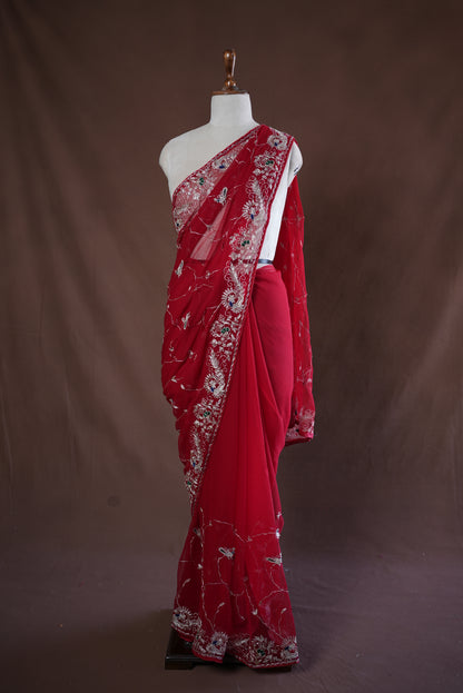 RAJPUTI JALL PATTERN SAREE ON CHIFFON FABRIC WITH PITA WORK AND PEACOCK PATTERN BORDER (WITH BLOUSE) ##SR452