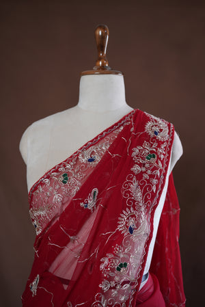 RAJPUTI JALL PATTERN SAREE ON CHIFFON FABRIC WITH PITA WORK AND PEACOCK PATTERN BORDER (WITH BLOUSE) ##SR452
