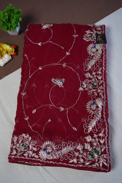 RAJPUTI JALL PATTERN SAREE ON CHIFFON FABRIC WITH PITA WORK AND PEACOCK PATTERN BORDER (WITH BLOUSE) ##SR452