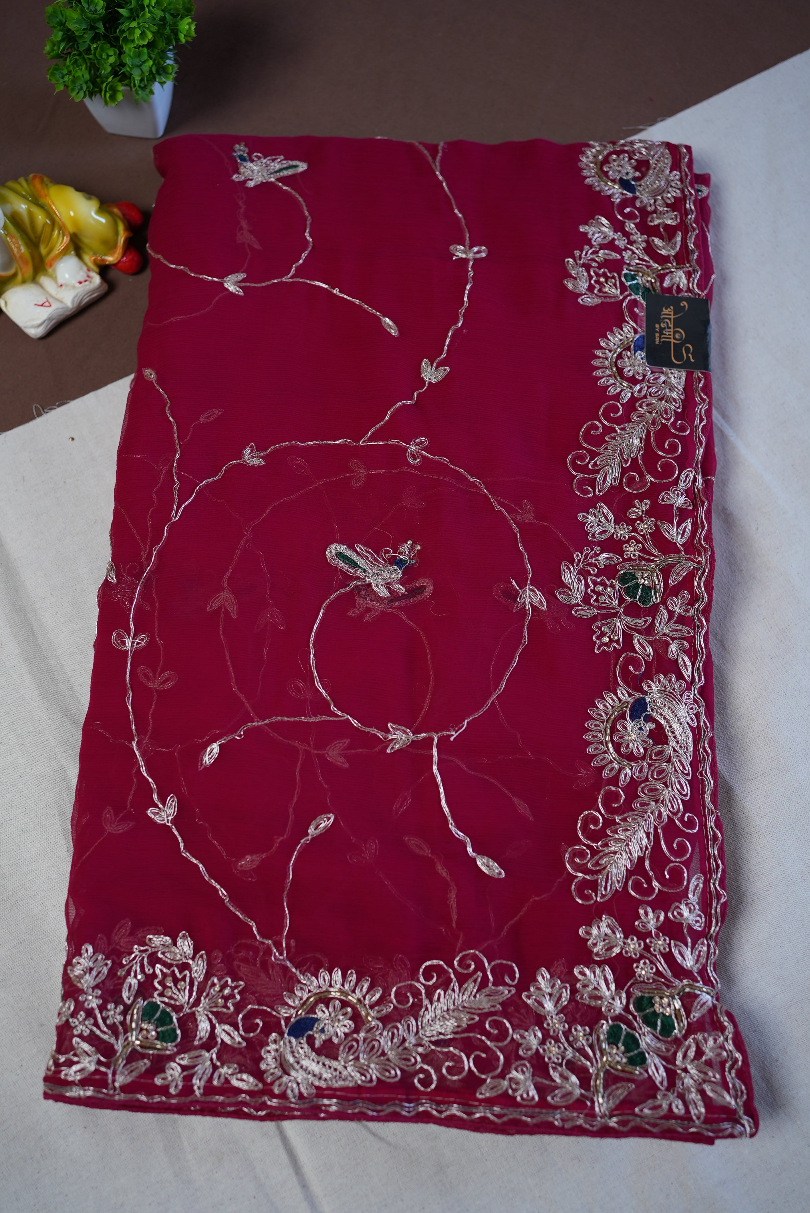 RAJPUTI JALL PATTERN SAREE ON CHIFFON FABRIC WITH PITA WORK AND PEACOCK PATTERN BORDER (WITH BLOUSE) ##SR452