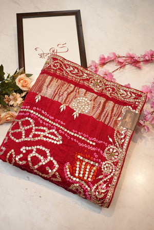 Pure gazzi silk saree with gota patti handwork & heavy gotta patti work pallu traditional bandhni design ##SR0131