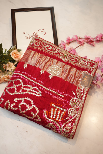 Pure gazzi silk saree with gota patti handwork & heavy gotta patti work pallu traditional bandhni design ##SR0131