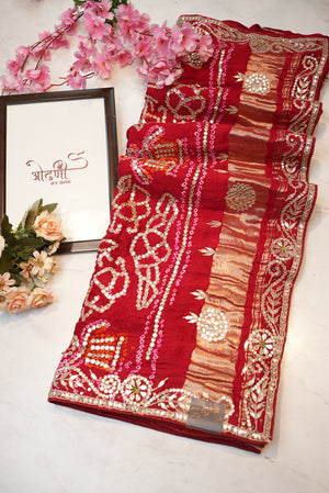 Pure gazzi silk saree with gota patti handwork & heavy gotta patti work pallu traditional bandhni design ##SR0131