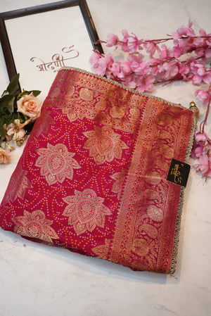 Georgette fabric neem zari saree with zari weaving bandhani design with contrast blouse ##SR0132