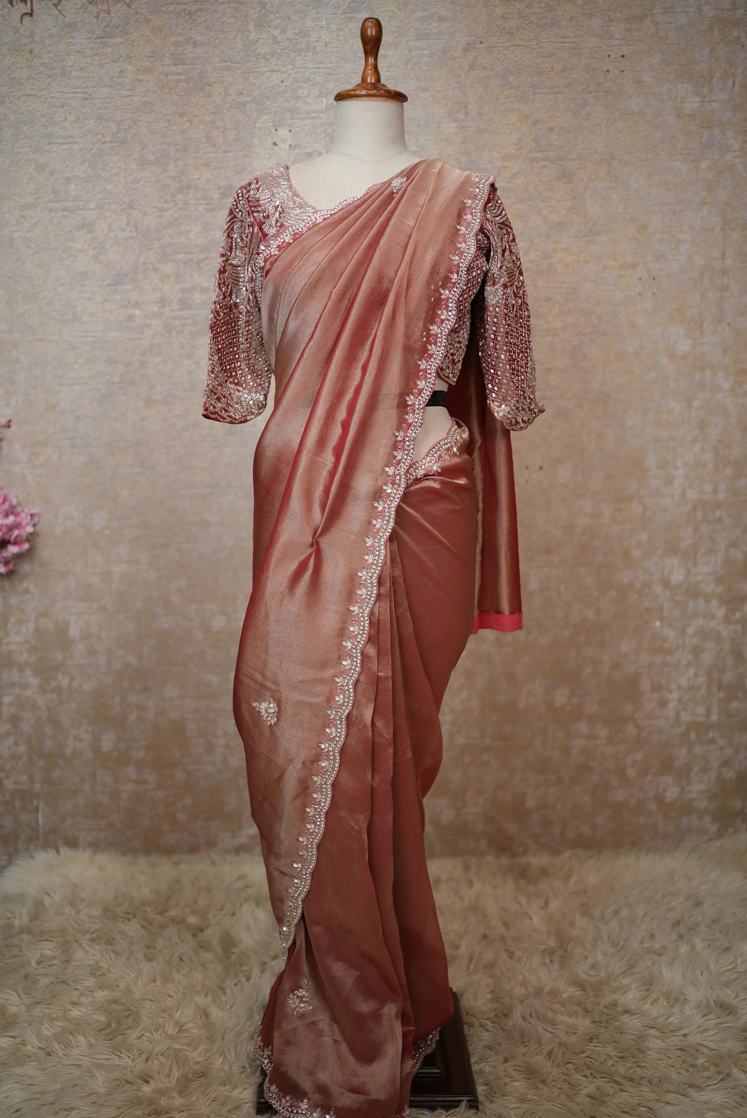 Elegant Rose Gold Satin Saree with Designer Embroidered Blouse
