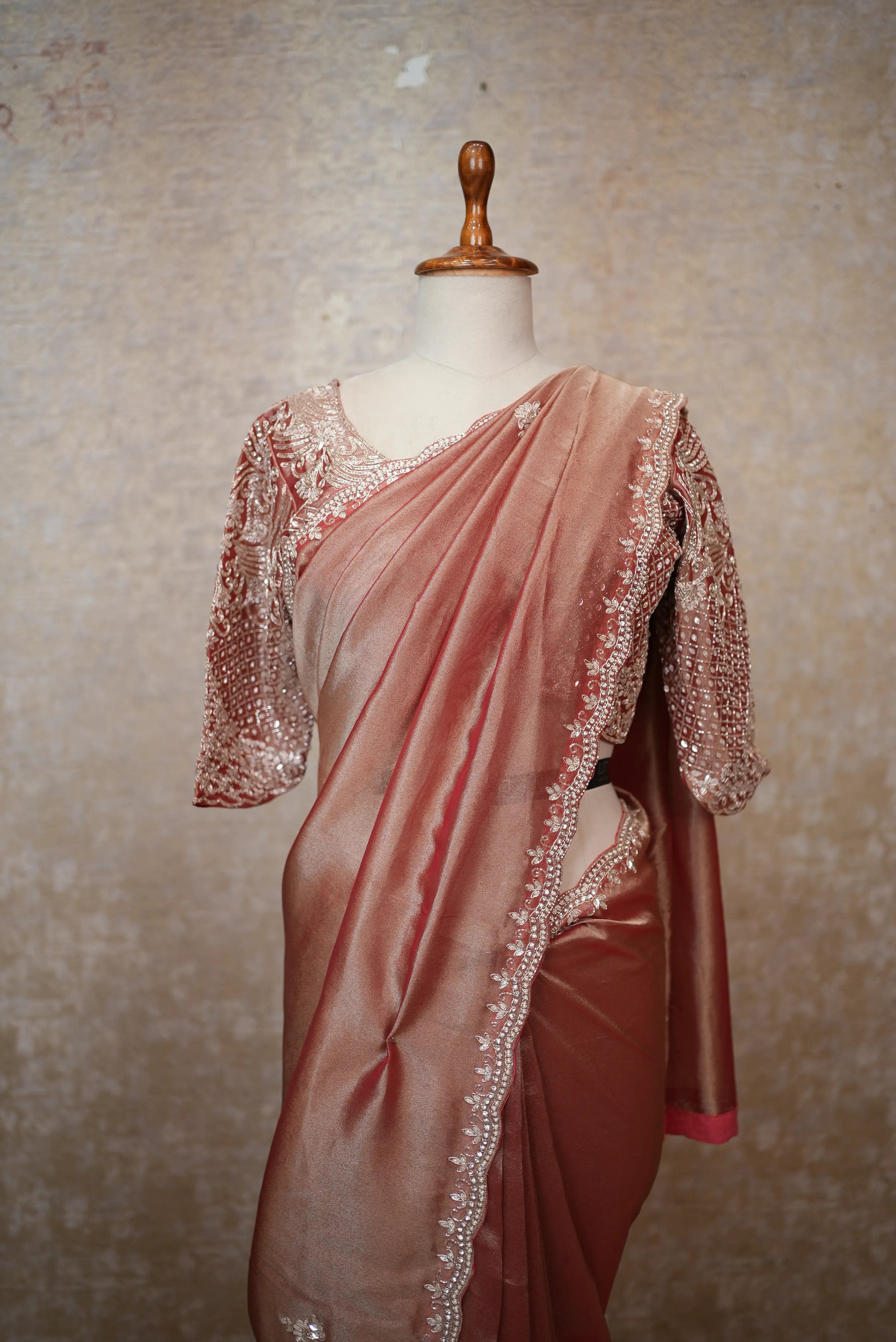 Elegant Rose Gold Satin Saree with Designer Embroidered Blouse