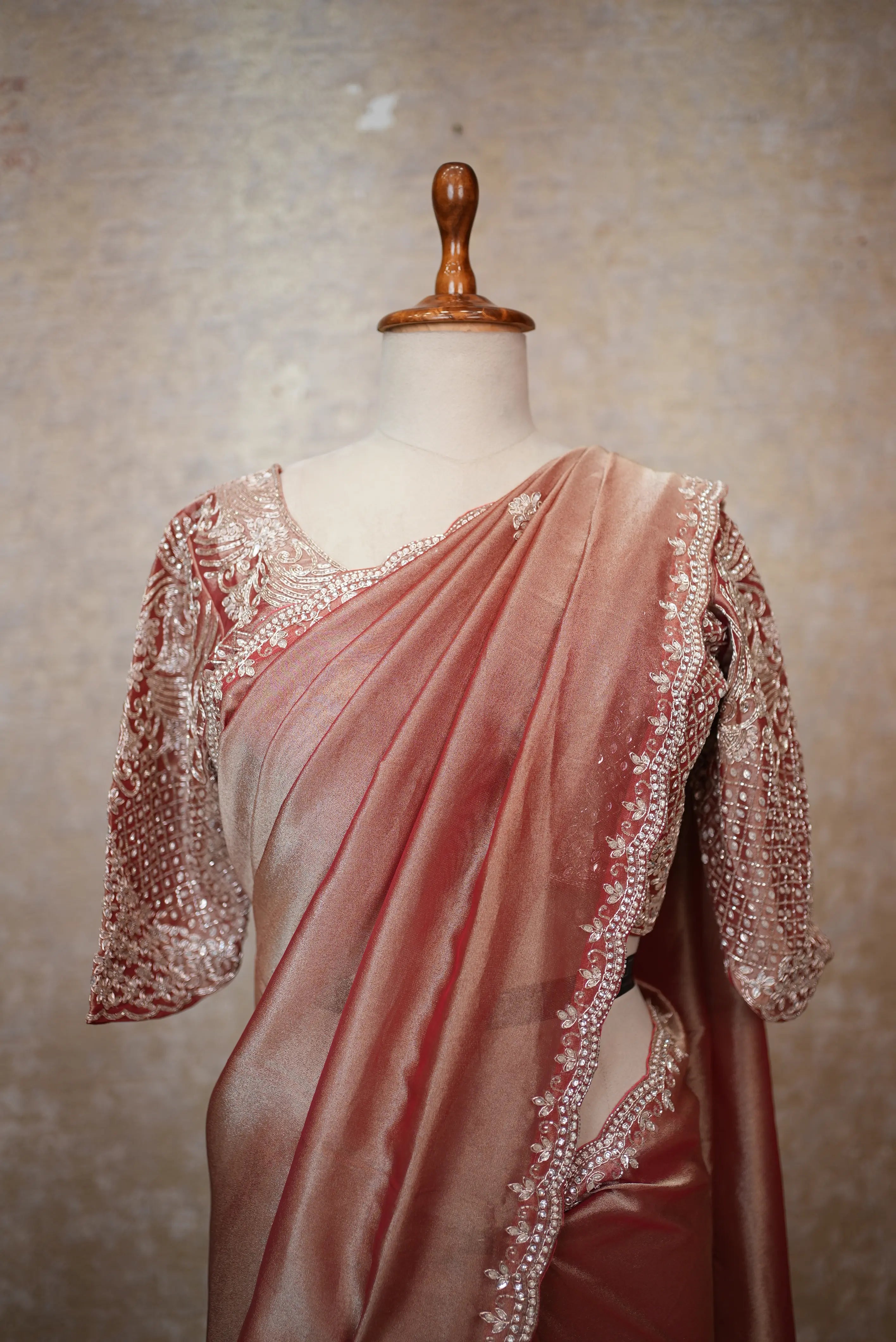 Elegant Rose Gold Satin Saree with Designer Embroidered Blouse