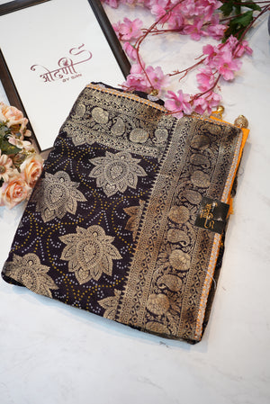 Georgette fabric neem zari saree with zari weaving bandhani design with contrast blouse ##SR0132