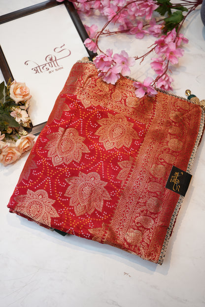 Georgette fabric neem zari saree with zari weaving bandhani design with contrast blouse ##SR0132