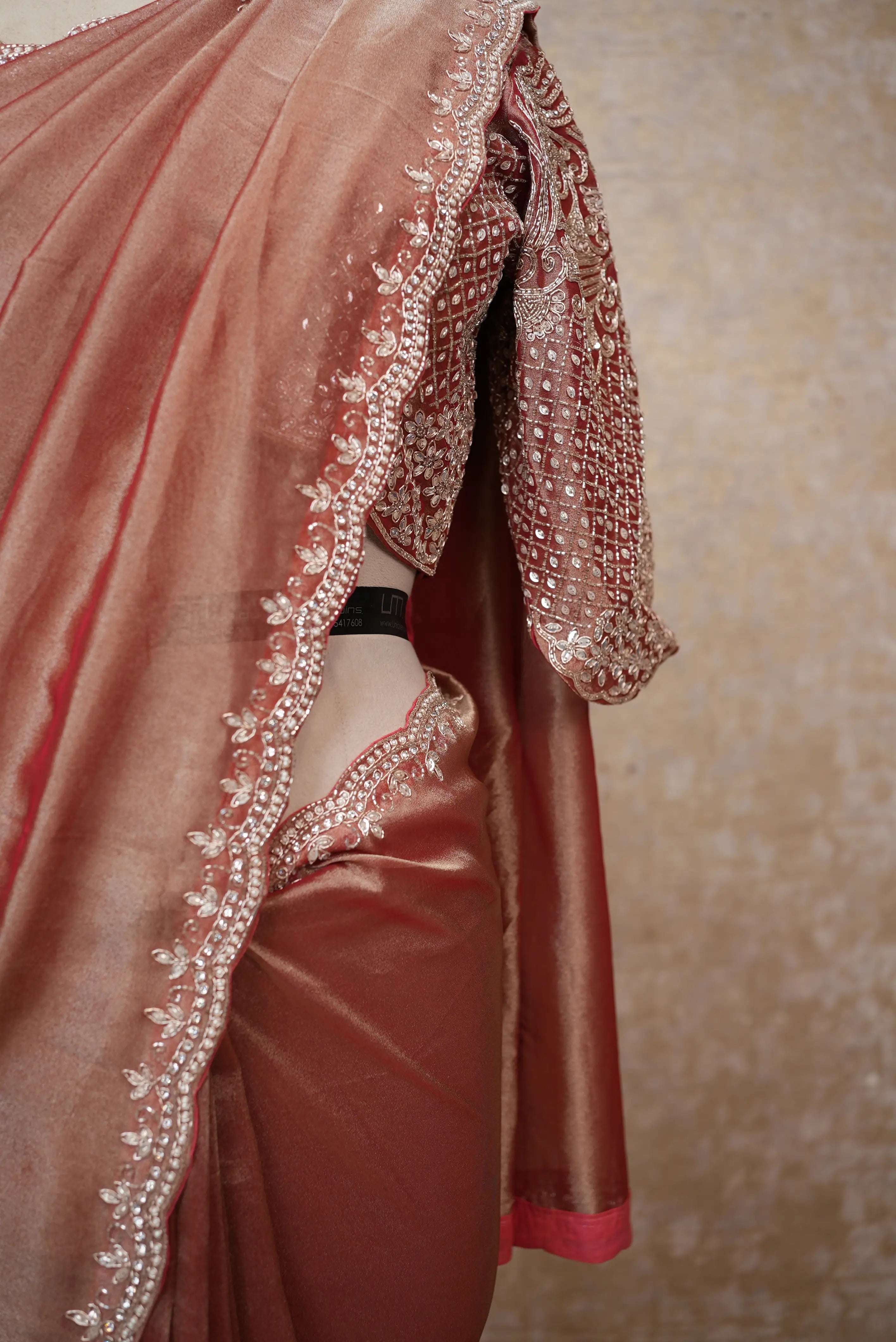 Elegant Rose Gold Satin Saree with Designer Embroidered Blouse