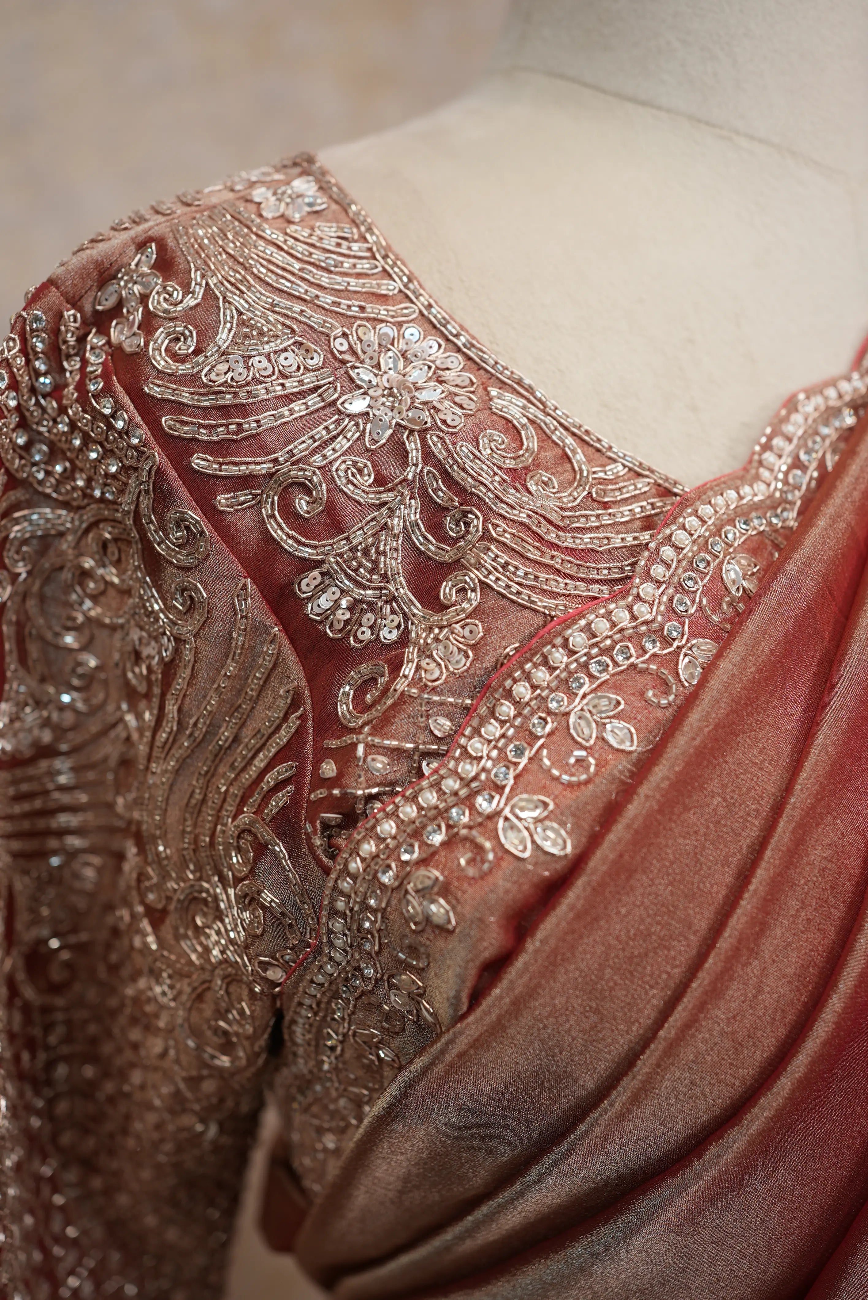 Elegant Rose Gold Satin Saree with Designer Embroidered Blouse