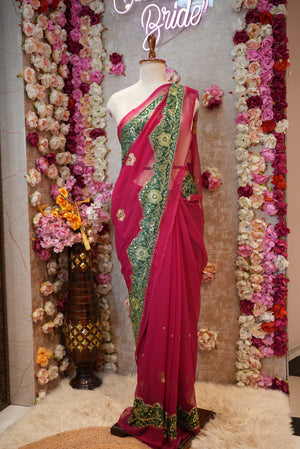 VINTAGE WORK RAJPUTI SAREE WITH AARI TARI & RESHAM WORK BORDER WITH BUTI WORK (WITH CONTRAST GREEN BLOUSE) ##SR453