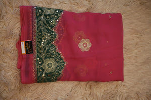 VINTAGE WORK RAJPUTI SAREE WITH AARI TARI & RESHAM WORK BORDER WITH BUTI WORK (WITH CONTRAST GREEN BLOUSE) ##SR453