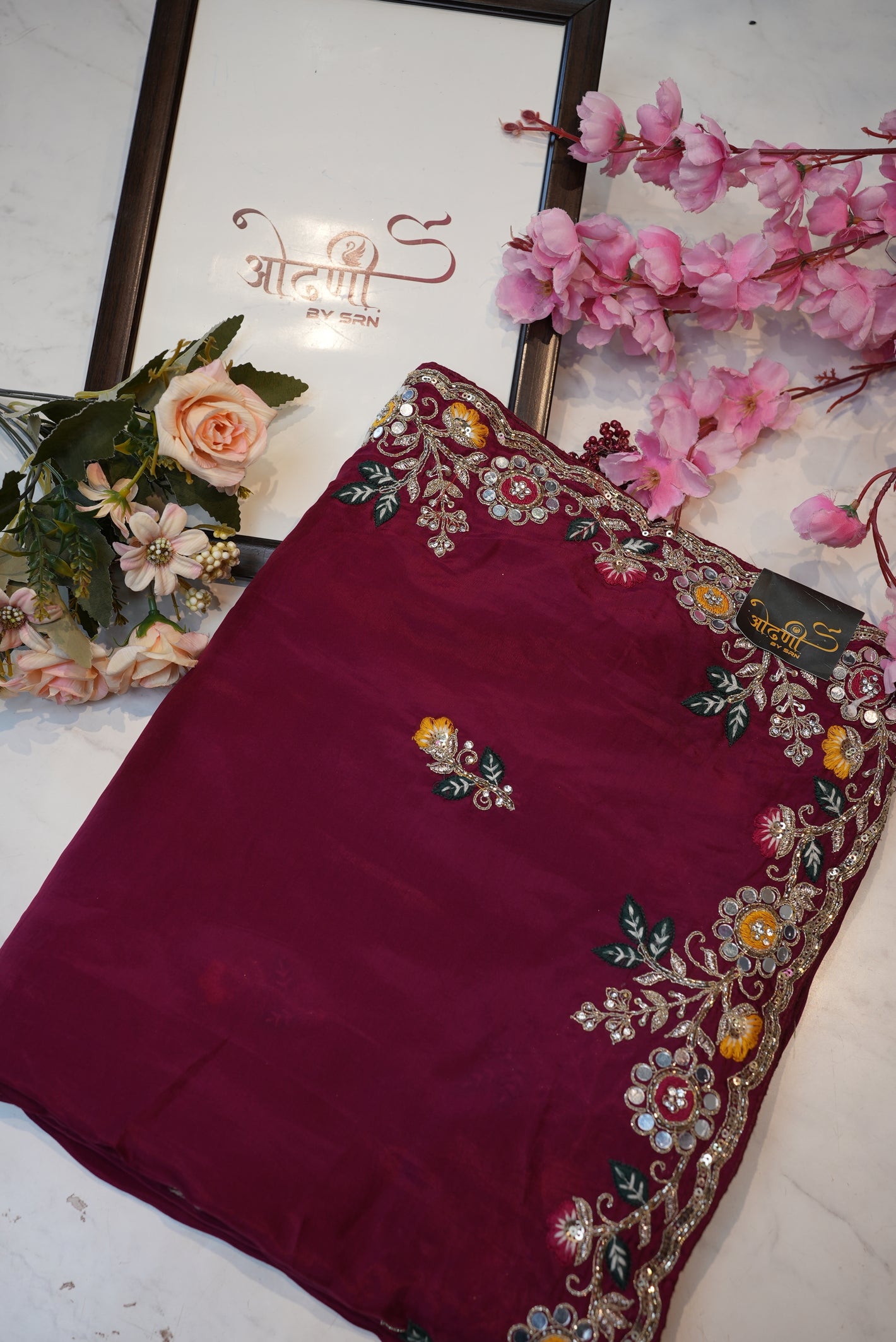 Upada silk saree with mirror and anchor work border with heavy blouse ##SR0136