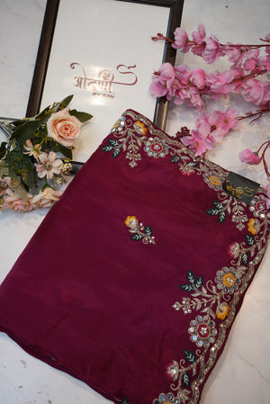 Upada silk saree with mirror and anchor work border with heavy blouse ##SR0136