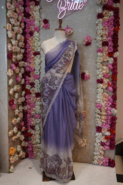 CHOCOLATE TISSUE FABIRC SAREE WITH DEAR PRINT BORDER (WITH BLOUSE) ##SR505