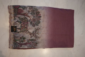 CHOCOLATE TISSUE FABIRC SAREE WITH DEAR PRINT BORDER (WITH BLOUSE) ##SR505