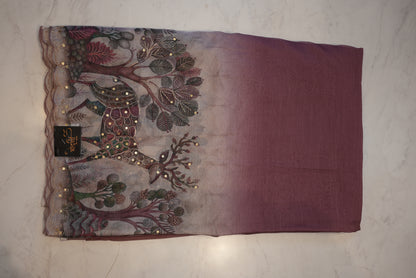 CHOCOLATE TISSUE FABIRC SAREE WITH DEAR PRINT BORDER (WITH BLOUSE) ##SR505
