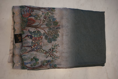 CHOCOLATE TISSUE FABIRC SAREE WITH DEAR PRINT BORDER (WITH BLOUSE) ##SR505