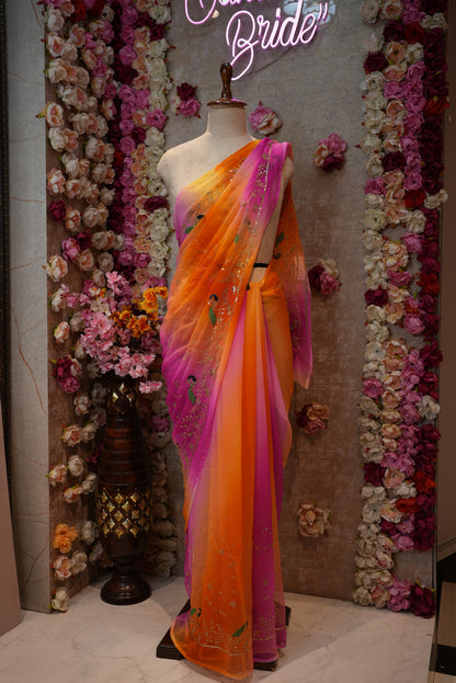 MULTI COLOR ROYAL CHIFFON FABRIC PEACOCK DESIGN DARBARI SAREE WITH HEAVY JAAL PATTERN (WITHOUT BLOUSE) ##SR455