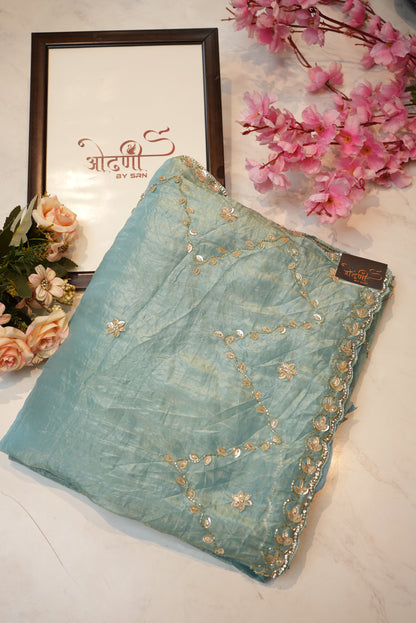 Crush tissue saree with zardoji & mirror work ##SR0140