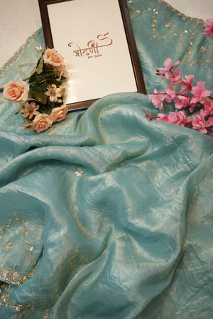 Crush tissue saree with zardoji & mirror work ##SR0140