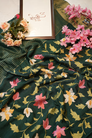Dola silk saree with multicolor embroidery jaal pattern and buti pattern blouse ##SR0135