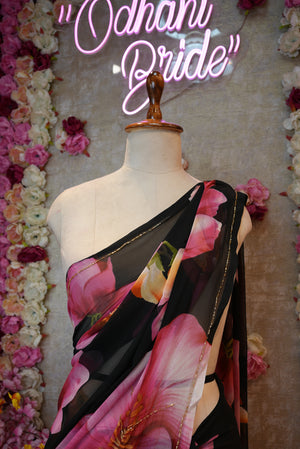 FLOWER PRINT HANDWORK SAREE ON GEORGETTE FABRIC WITH CUT DANA BORDER (WITHOUT BLOUSE) ##SR456