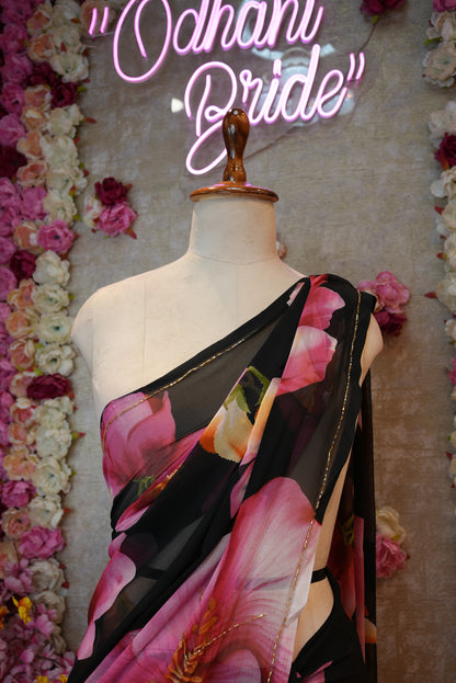FLOWER PRINT HANDWORK SAREE ON GEORGETTE FABRIC WITH CUT DANA BORDER (WITHOUT BLOUSE) ##SR456