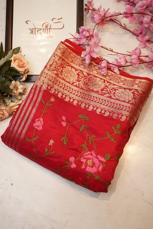 Dola silk fabric with zari weaving border katha work saree & jal pattern ##SR0118