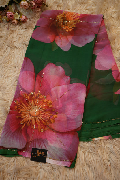 FLOWER PRINT HANDWORK SAREE ON GEORGETTE FABRIC WITH CUT DANA BORDER (WITHOUT BLOUSE) ##SR456