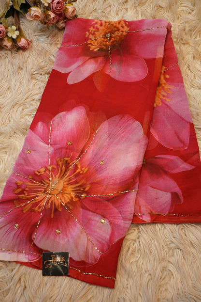 FLOWER PRINT HANDWORK SAREE ON GEORGETTE FABRIC WITH CUT DANA BORDER (WITHOUT BLOUSE) ##SR456