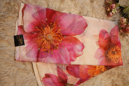 FLOWER PRINT HANDWORK SAREE ON GEORGETTE FABRIC WITH CUT DANA BORDER (WITHOUT BLOUSE) ##SR456