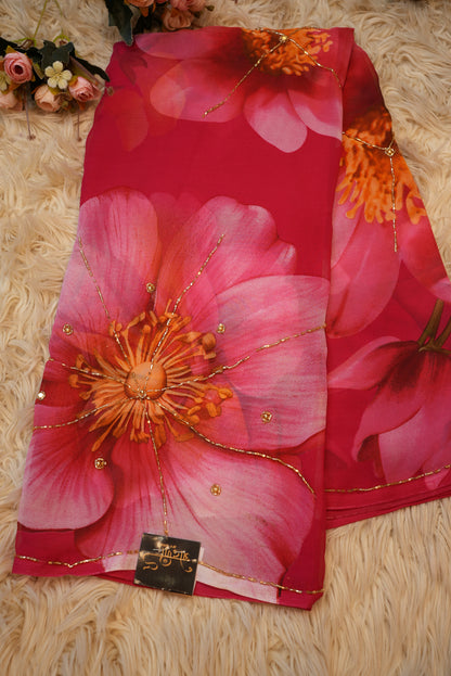 FLOWER PRINT HANDWORK SAREE ON GEORGETTE FABRIC WITH CUT DANA BORDER (WITHOUT BLOUSE) ##SR456