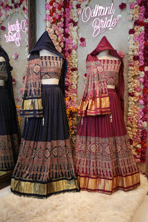TREDITIONAL MODAL GAJJI SILK FABRIC LEHENGA WITH AJARAK PRINT & DUPPATA (WITH BLOUSE)   ##LC056