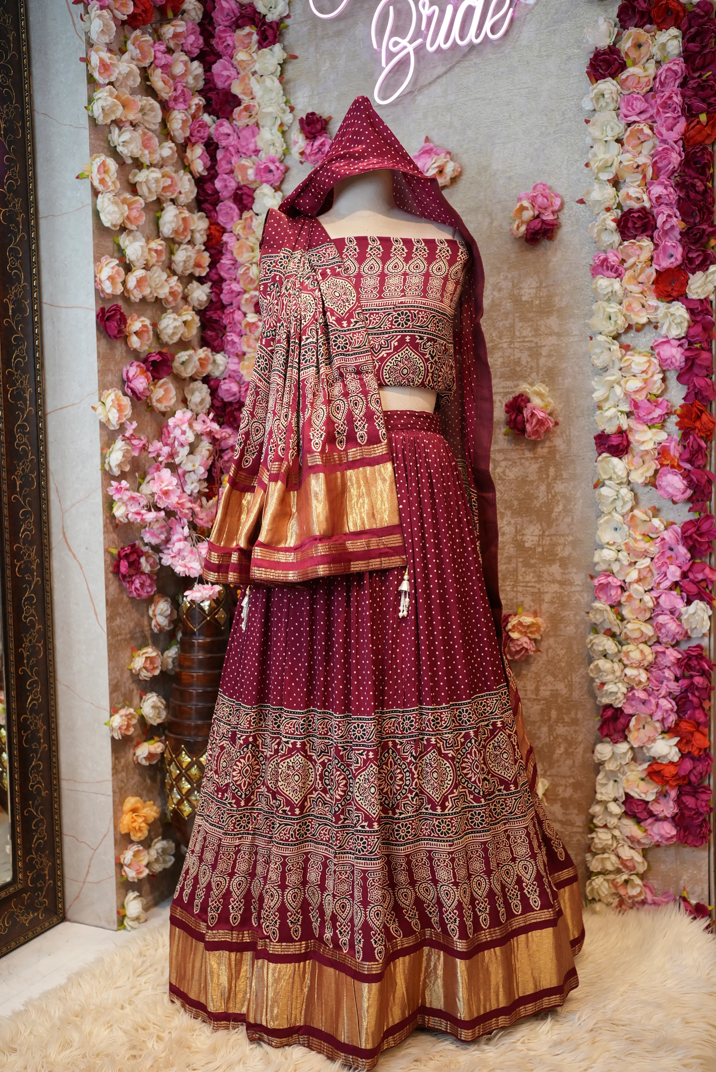 Traditional Modal Gajji Silk Lehenga with Ajrakh Print & Dupatta (WITH BLOUSE)