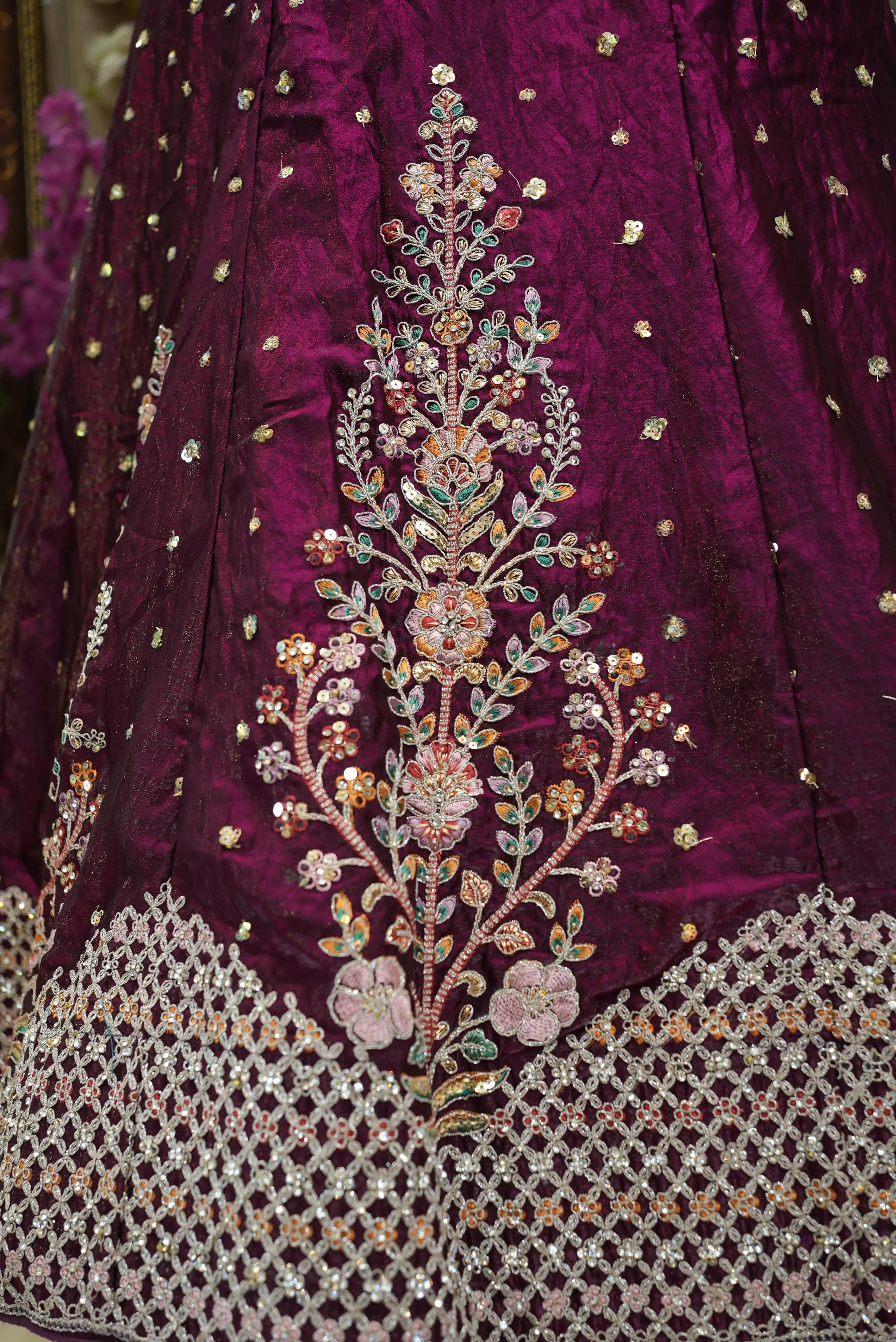 Fand Fabric Embroidery Sequence Lehenga with Net Dupatta (UNSTITCHED)