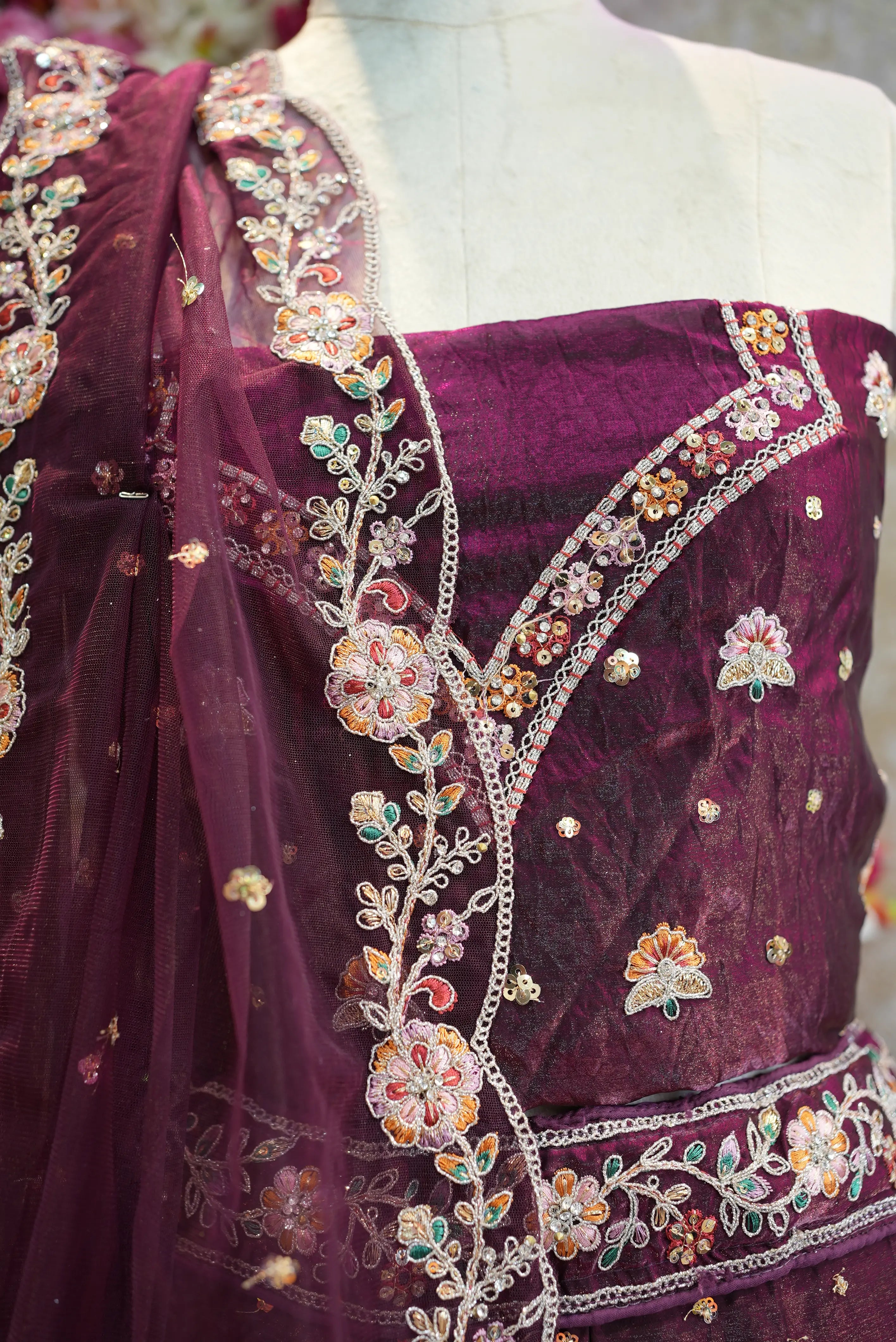 Fand Fabric Embroidery Sequence Lehenga with Net Dupatta (UNSTITCHED)