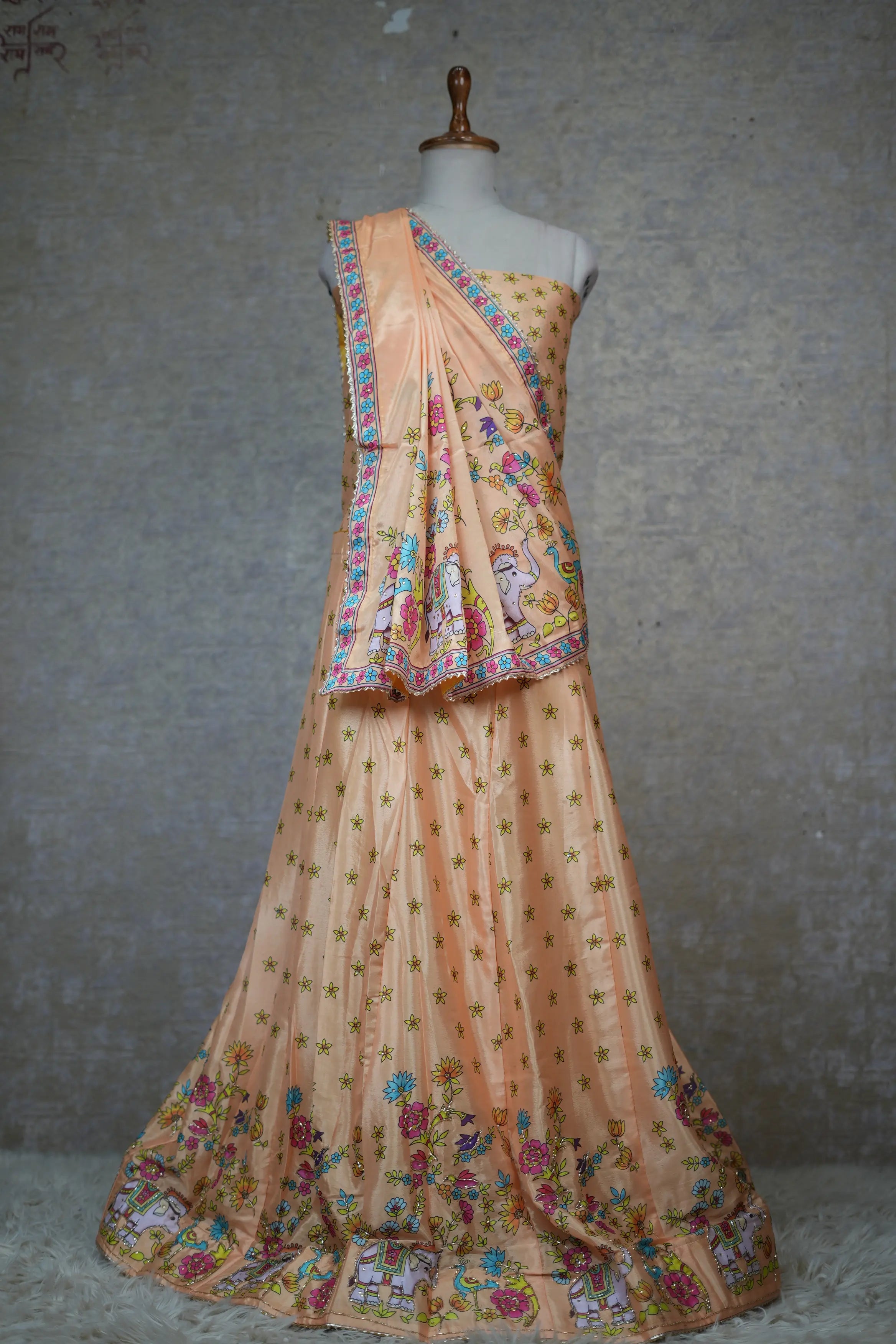 Peach Printed Lehenga Set with Elephant & Floral Design